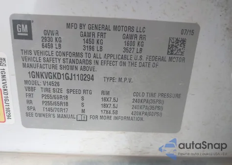 2016 Chevrolet Traverse 1Lt z USA, uszkodzony, nr VIN 1GNKVGKD1GJ110294